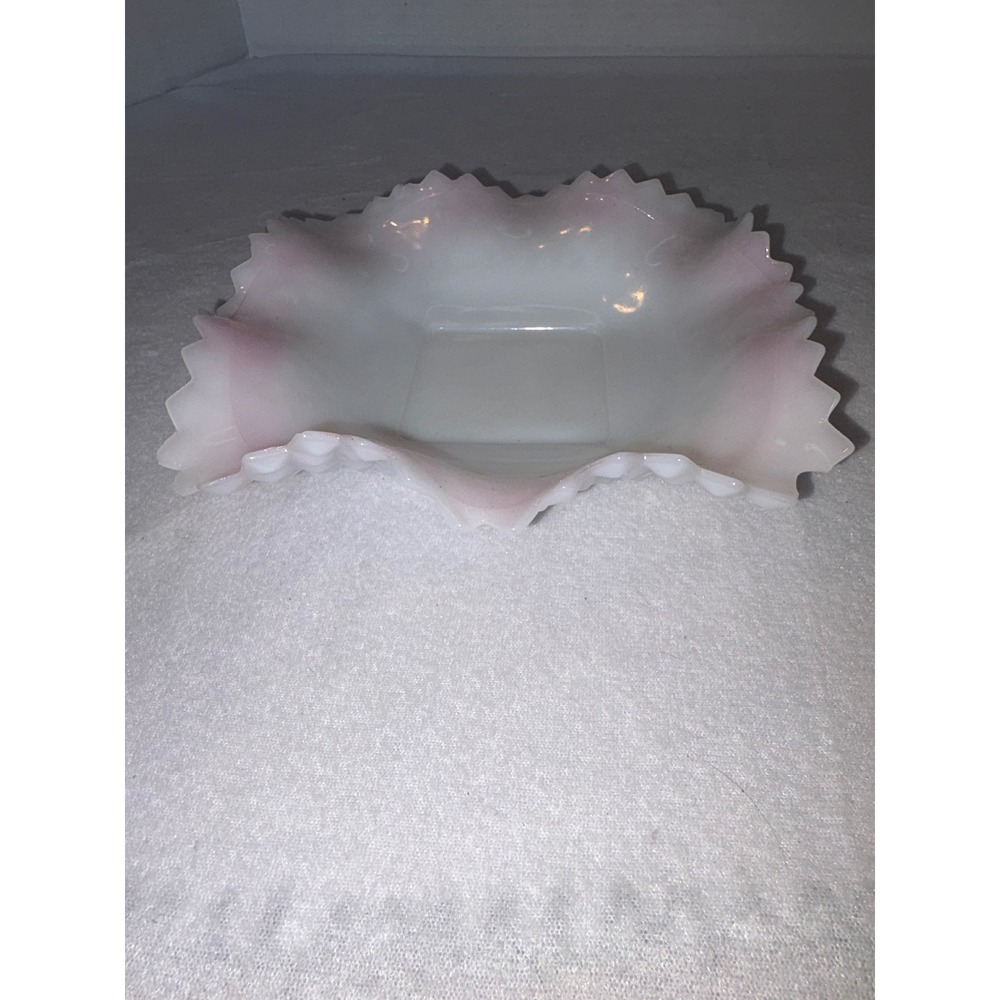 Fenton Pink Crest Hobnail Milk Glass Square Ruffled Bowl Vintage Sawtooth Edge - Picture 6 of 8